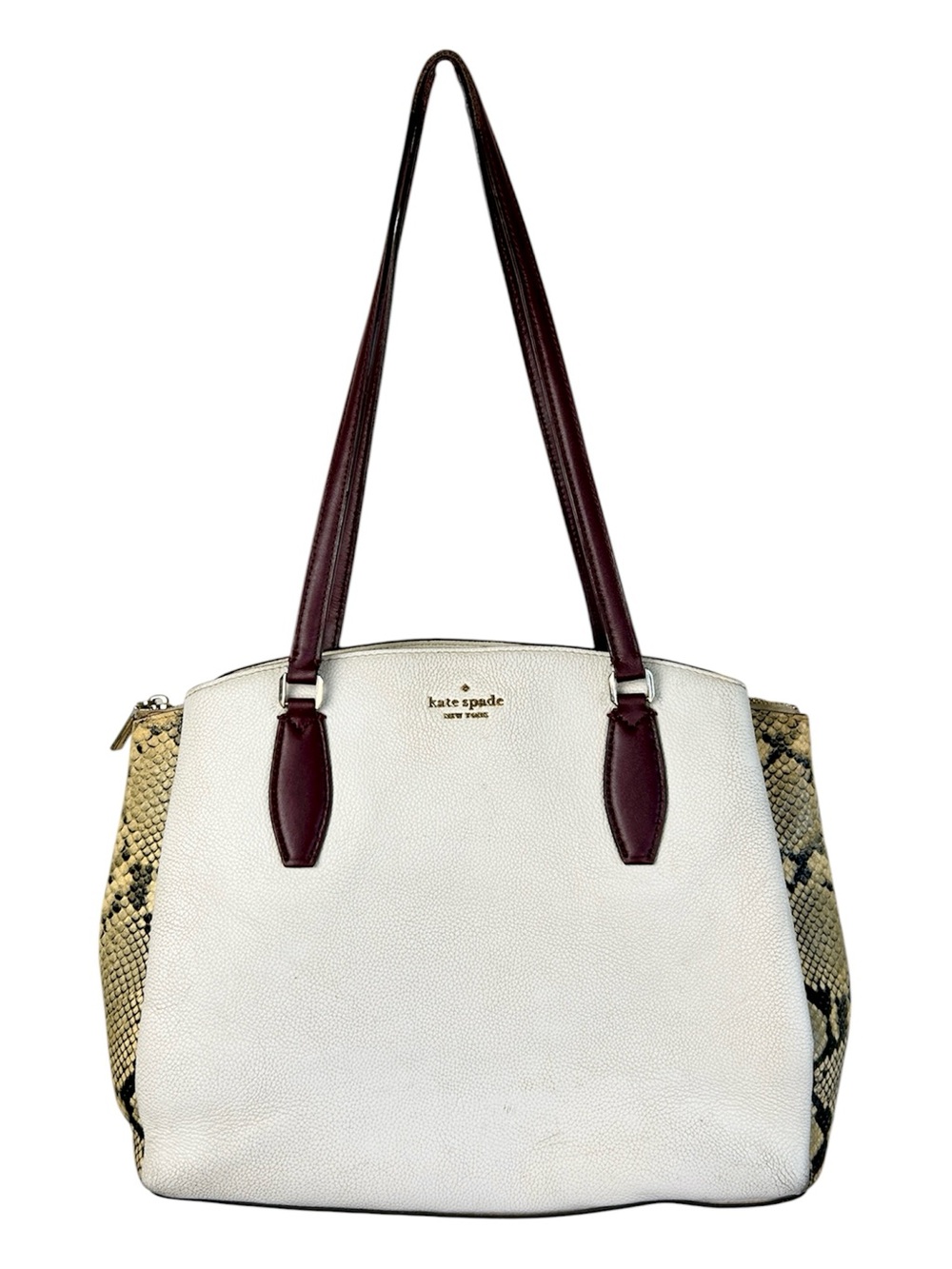 kate spade Large Hudson Cream Tote with Burgundy Trim and Snake-Print Sides